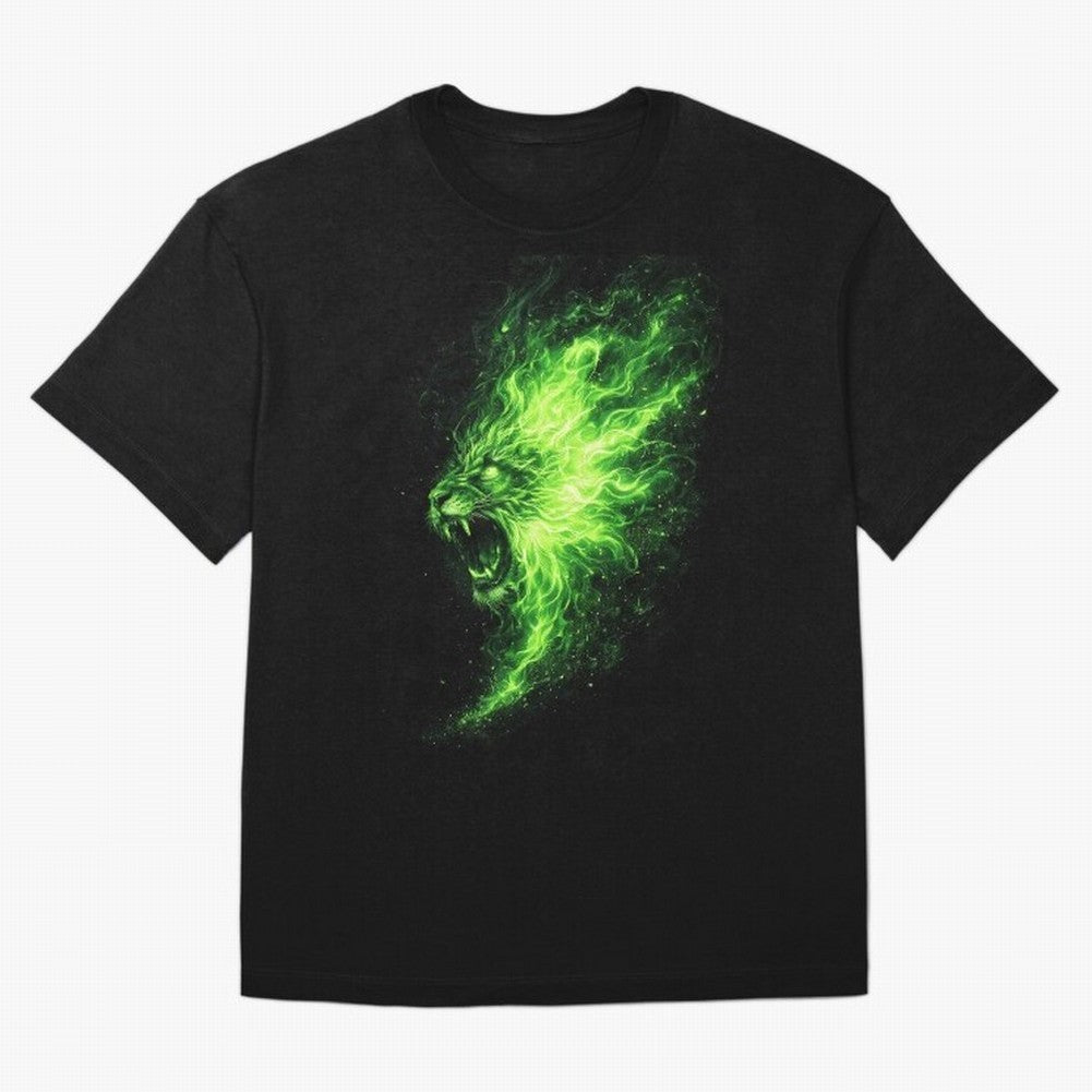 Neon Green Flame Lion ¨C Glowing Fire Roar Beast Graphic | Dark Aesthetic Streetwear Design Graphic T-Shirt Support Iconic Players in FIFA World Cup 2026 Group Stage for Fans of Neymar, Haaland and Cristiano Ronaldo and Netherlands, Bringing Sports