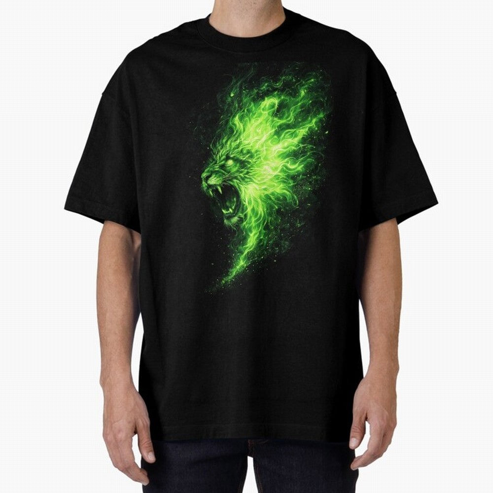 Neon Green Flame Lion ¨C Glowing Fire Roar Beast Graphic | Dark Aesthetic Streetwear Design Graphic T-Shirt Support Iconic Players in FIFA World Cup 2026 Group Stage for Fans of Neymar, Haaland and Cristiano Ronaldo and Netherlands, Bringing Sports
