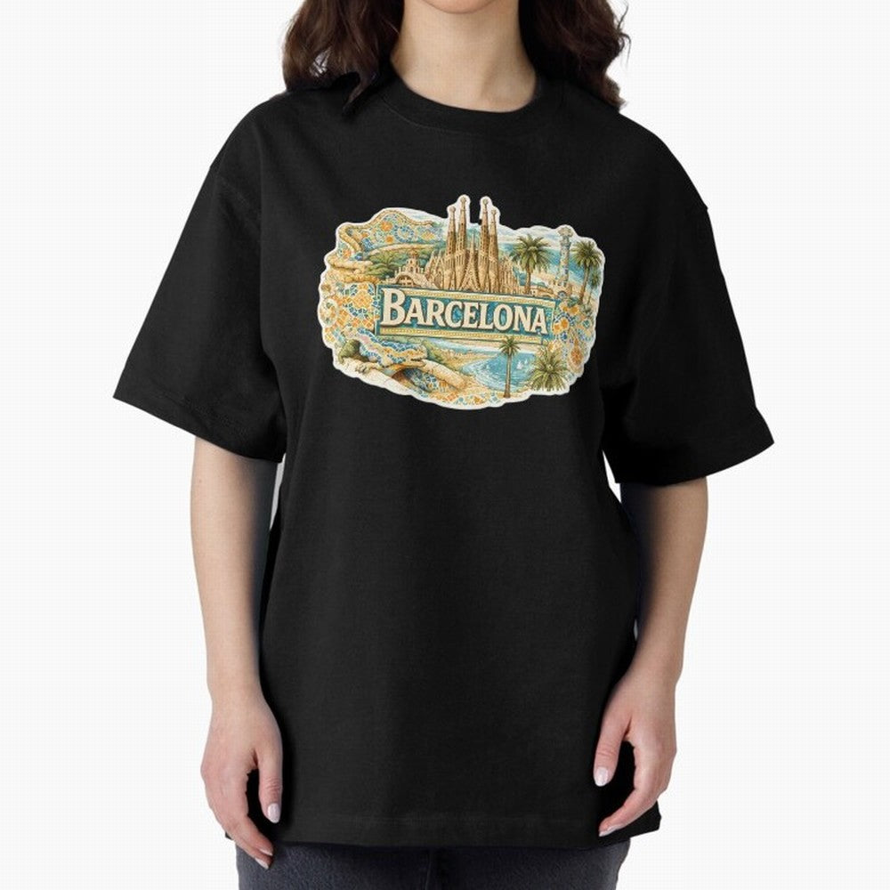 Barcelona Souvenir Sagrada Familia and Mosaic Design Oversized T-Shirt Upgrade Global Football Passion for FIFA World Cup 2026 USA Canada Mexico, with Mbappe and Neymar, Netherlands, Football Passion, Legendary Performances, Festival Vibes and