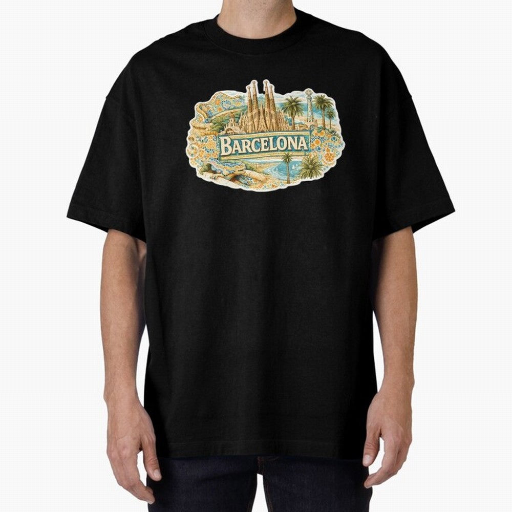 Barcelona Souvenir Sagrada Familia and Mosaic Design Oversized T-Shirt Upgrade Global Football Passion for FIFA World Cup 2026 USA Canada Mexico, with Mbappe and Neymar, Netherlands, Football Passion, Legendary Performances, Festival Vibes and