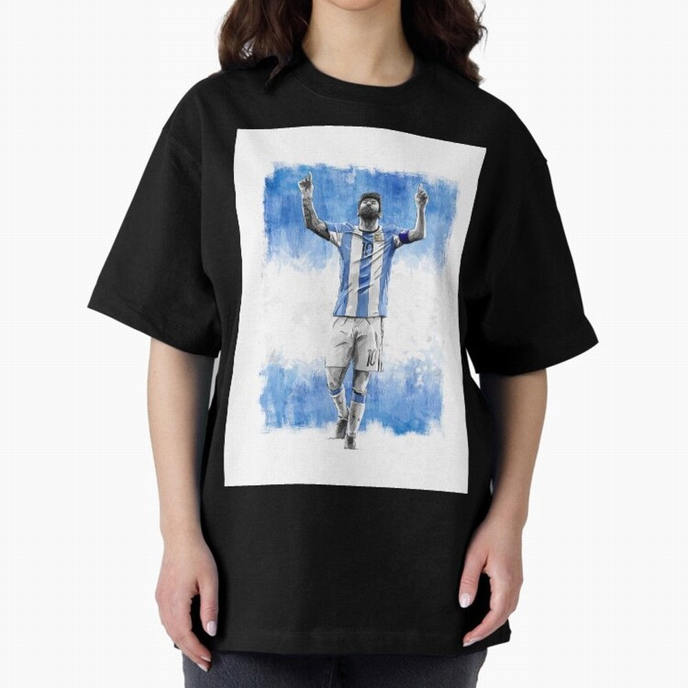 Messi Argentina Football Drawing Oversized T-Shirt Join Supporters Worldwide for FIFA World Cup 2026 Filled with Messi and Cristiano Ronaldo, England, France and Netherlands Energy, Retro Football Energy, Iconic Rivalries, Trophy Chase Drama and