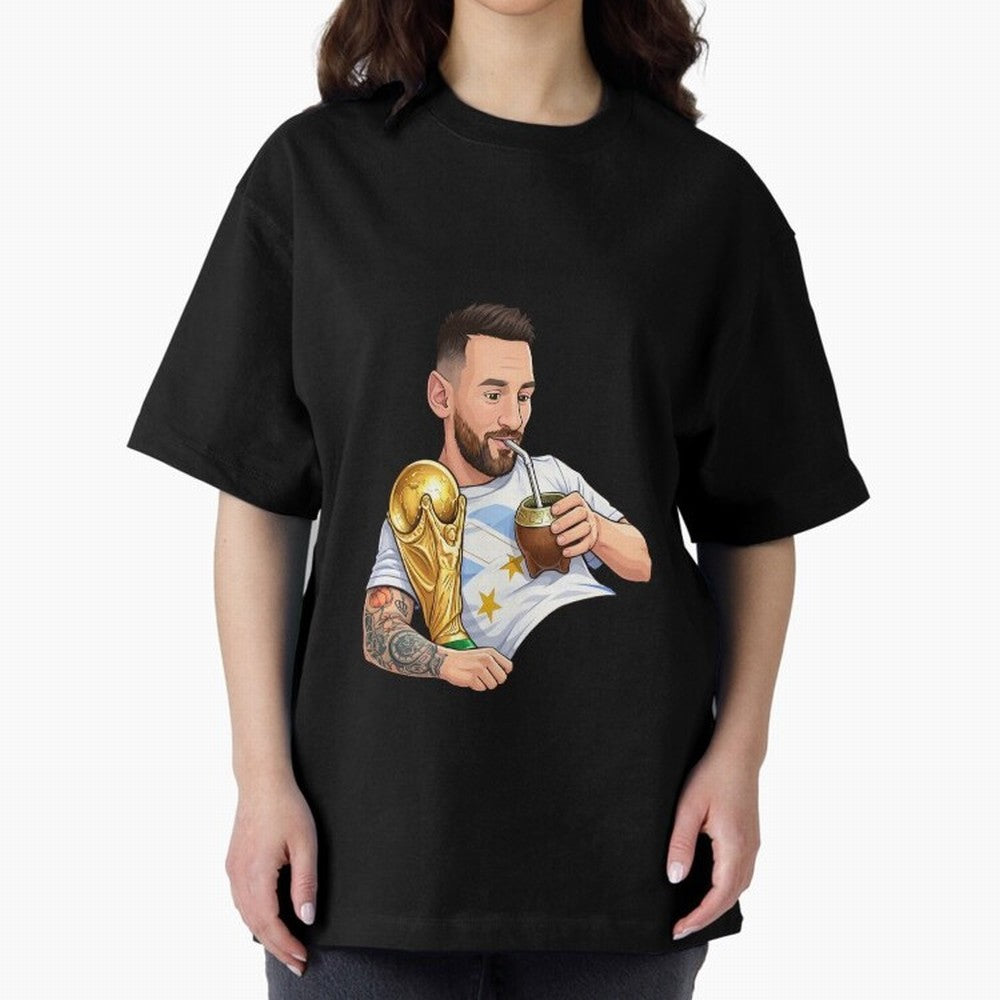 Messi drinking mate and his World Cup trophy Graphic T-Shirt Relive Legendary Nights from the FIFA World Cup 2026 Group Stage Journey through CR7 and Messi Highlights, Portugal Pride, Retro Football Energy, Iconic Rivalries, Trophy Chase Drama and