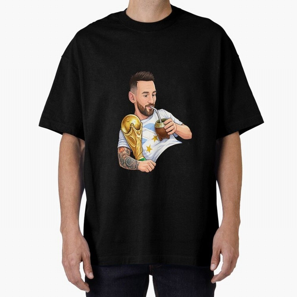 Messi drinking mate and his World Cup trophy Graphic T-Shirt Relive Legendary Nights from the FIFA World Cup 2026 Group Stage Journey through CR7 and Messi Highlights, Portugal Pride, Retro Football Energy, Iconic Rivalries, Trophy Chase Drama and
