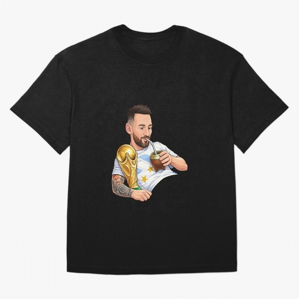 Messi drinking mate and his World Cup trophy Graphic T-Shirt Relive Legendary Nights from the FIFA World Cup 2026 Group Stage Journey through CR7 and Messi Highlights, Portugal Pride, Retro Football Energy, Iconic Rivalries, Trophy Chase Drama and