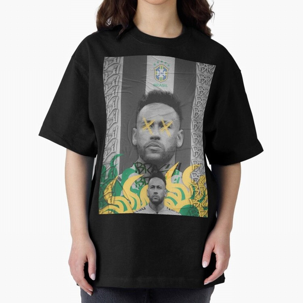 Brazil Football Star Grunge Poster Oversized T-Shirt Live the Energy of FIFA World Cup 2026 USA Canada Mexico for Fans of CR7 and Messi and Netherlands, Bringing Tournament Hype, Historic Matchups, Family Viewing Parties and Global Sports Pride;