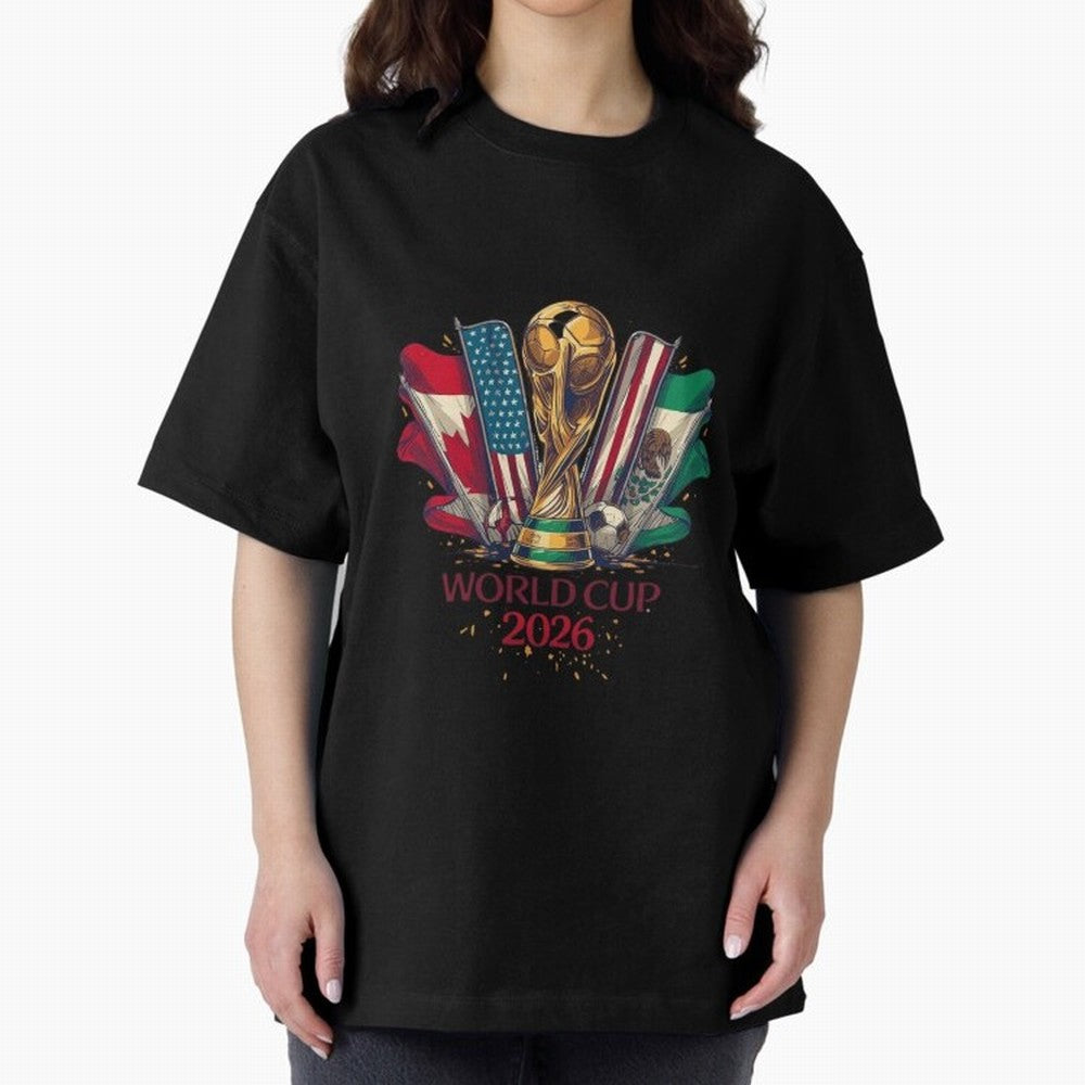 Host Trio Flags Banner Trophy Classic T-Shirt Honor Football Greatness during Global Football Passion for FIFA World Cup 2026 USA Canada Mexico, Filled with Messi, Neymar and Mbappe, England, France and Netherlands, Championship Spirit, Famous