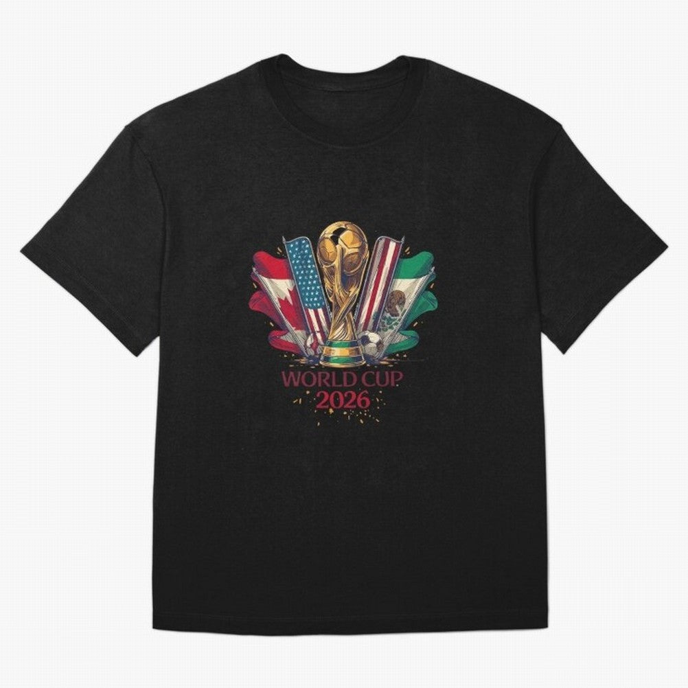 Host Trio Flags Banner Trophy Classic T-Shirt Honor Football Greatness during Global Football Passion for FIFA World Cup 2026 USA Canada Mexico, Filled with Messi, Neymar and Mbappe, England, France and Netherlands, Championship Spirit, Famous