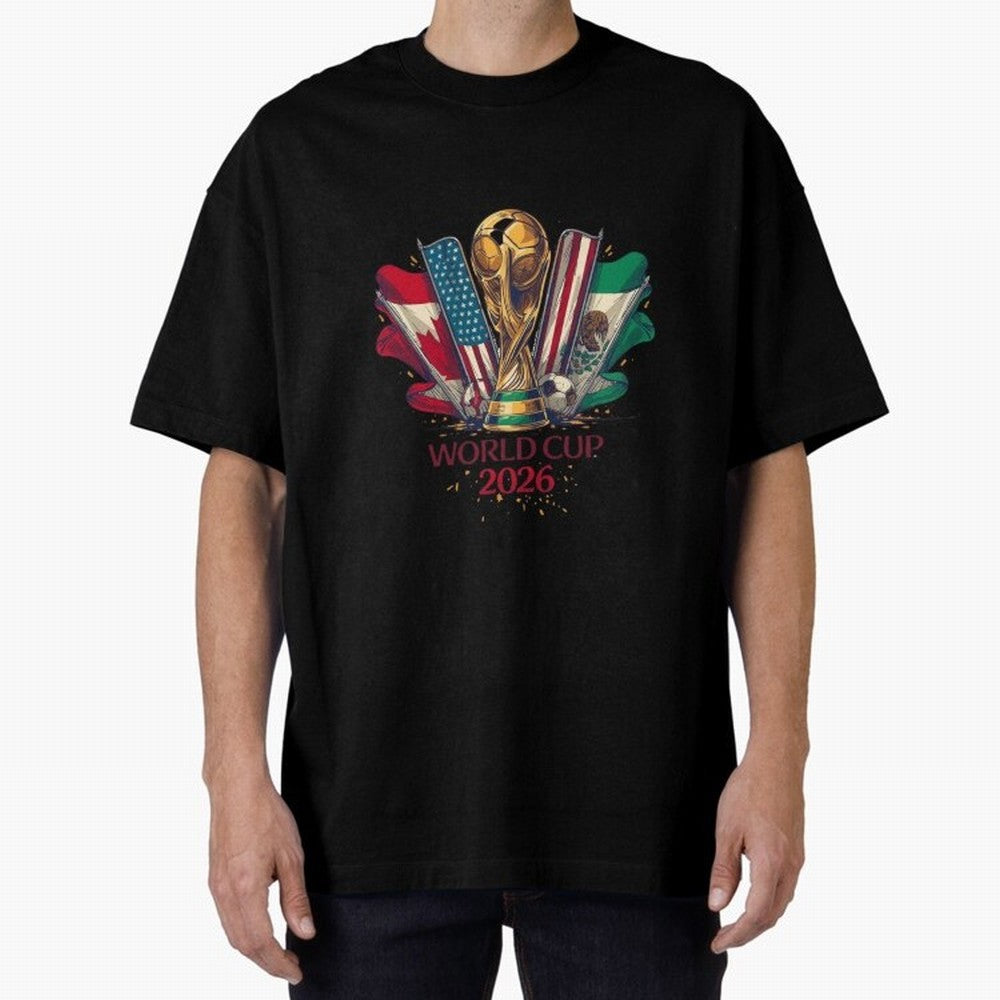 Host Trio Flags Banner Trophy Classic T-Shirt Honor Football Greatness during Global Football Passion for FIFA World Cup 2026 USA Canada Mexico, Filled with Messi, Neymar and Mbappe, England, France and Netherlands, Championship Spirit, Famous