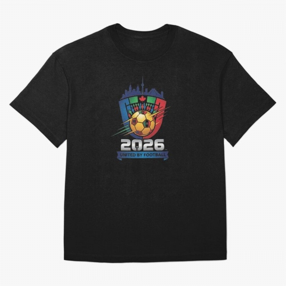 2026 World Cup United by Football Shield Emblem with Skyline Classic T-Shirt Celebrate the Next Chapter of FIFA World Cup 2026 USA Canada Mexico Centered on Messi, Neymar and Mbappe, Argentina, France and Brazil Energy, Retro Football Energy,