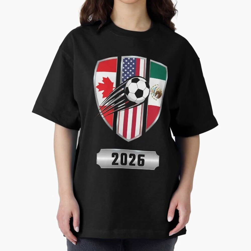 North United America Shield 2026 Cup Classic T-Shirt Stand with Global Football Passion for FIFA World Cup 2026 Group Stage, Driven by Mbappe and Neymar, Argentina, Championship Spirit, Famous Goals, Roaring Crowds and International Football Unity;