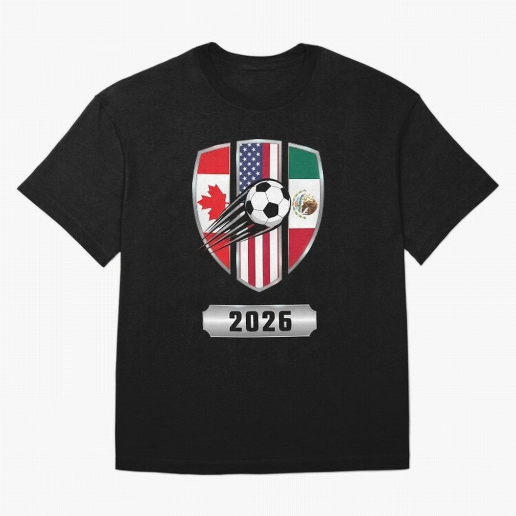 North United America Shield 2026 Cup Classic T-Shirt Stand with Global Football Passion for FIFA World Cup 2026 Group Stage, Driven by Mbappe and Neymar, Argentina, Championship Spirit, Famous Goals, Roaring Crowds and International Football Unity;