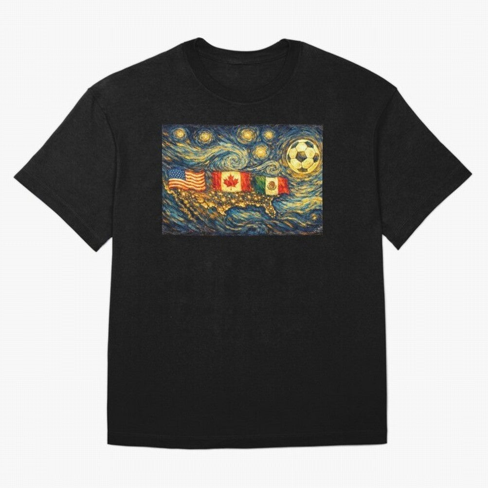 North America Soccer Starry Night Dreamy and Swirls Inspired from Van Gogh Classic T-Shirt Honor the Beautiful Game during Global Football Passion for FIFA World Cup 2026, Built around Haaland, Spain, Sports Nostalgia, International Competition,