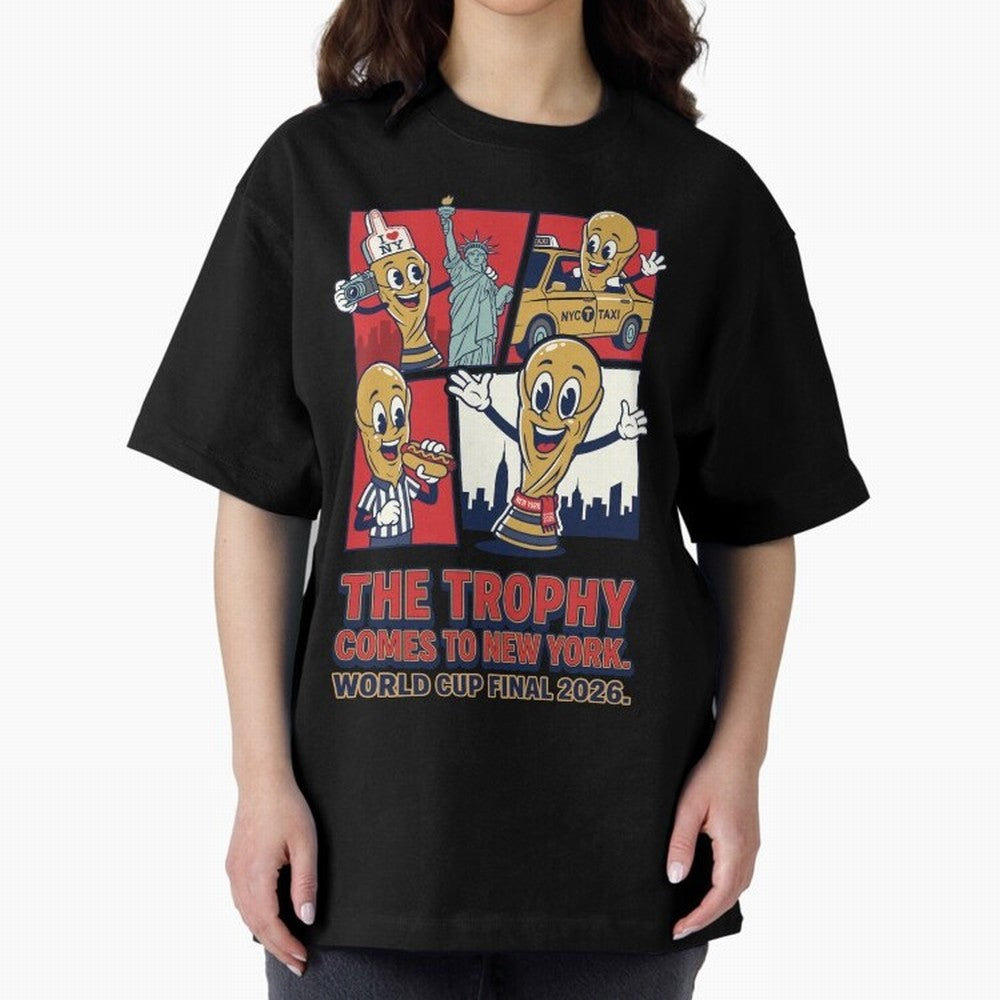 The Trophy Comes to New York ¡ª World Cup Final V1 Classic T-Shirt Back the Journey through FIFA World Cup 2026 Group Stage Spirit, Capturing France and Portugal, Messi and Cristiano Ronaldo, Worldwide Fan Energy, Dramatic Goals, Stadium Lights and