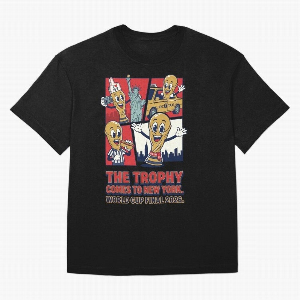 The Trophy Comes to New York ¡ª World Cup Final V1 Classic T-Shirt Back the Journey through FIFA World Cup 2026 Group Stage Spirit, Capturing France and Portugal, Messi and Cristiano Ronaldo, Worldwide Fan Energy, Dramatic Goals, Stadium Lights and