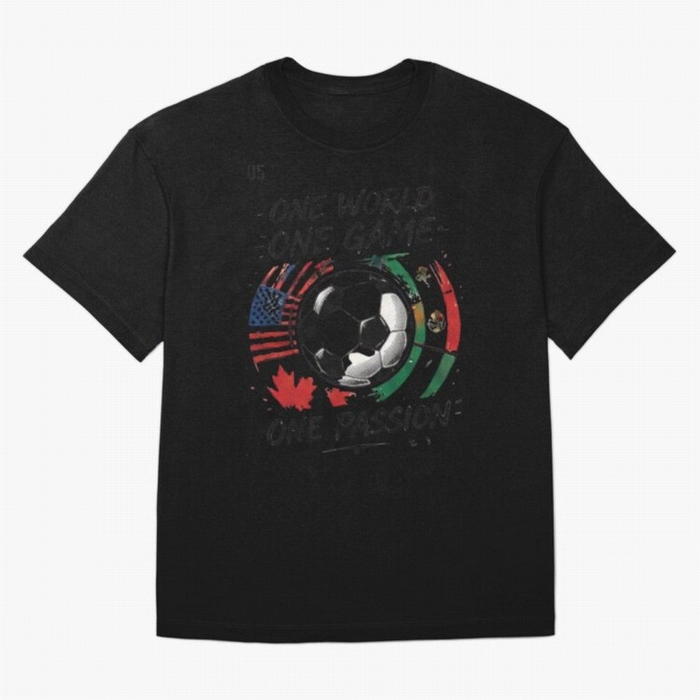 One World One Game Football Graphic Tee Classic T-Shirt Celebrate Global Passion for FIFA World Cup 2026 USA Canada Mexico Spirit, Capturing Spain and Netherlands, Messi, Champion Mindset, Group Stage Buzz, Knockout Tension and Passionate Fan