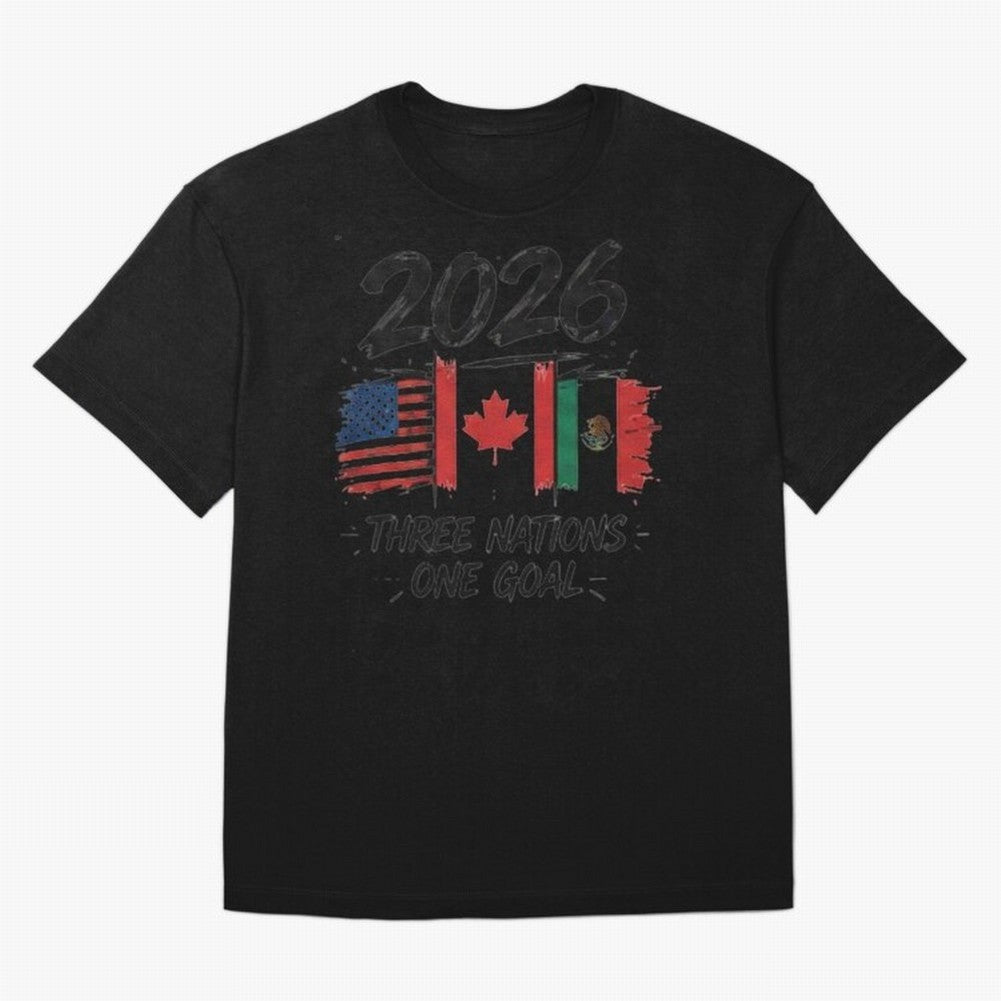 2026 Three Nations One Goal Football Tee Classic T-Shirt Bring Retro Soccer Energy to the FIFA World Cup 2026 USA Canada Mexico Journey through CR7 and Messi Highlights, England, France and Netherlands Pride, Global Supporter Spirit, Legendary