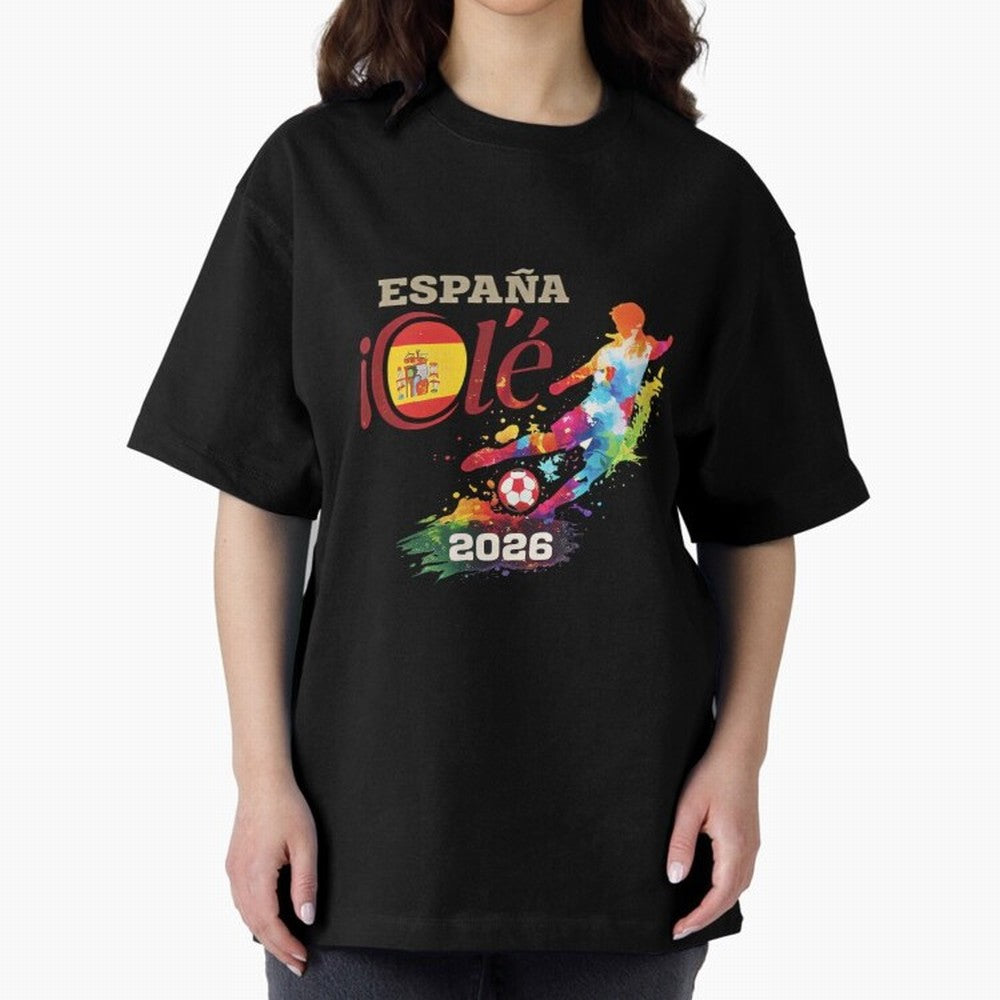Spain Ol¨¦ 2026 Colorful Watercolor Football Graphic Classic T-Shirt Carry the Colors and Pride of FIFA World Cup 2026 USA Canada Mexico Spirit, Inspired by Brazil, Portugal and Argentina, Mbappe, Soccer Culture, Superstar Moments, National Team
