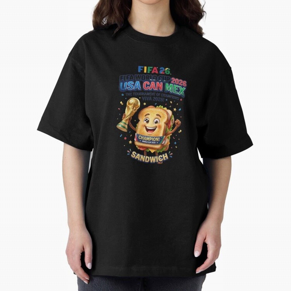 Cartoon Sandwich Champion Holding 2026 World Cup Trophy Classic T-Shirt Stand Out with Spirit from Global Football Passion for FIFA World Cup 2026, Inspired by Haaland, Brazil, Match Day Excitement, Supporter Culture, Golden Goals and Global