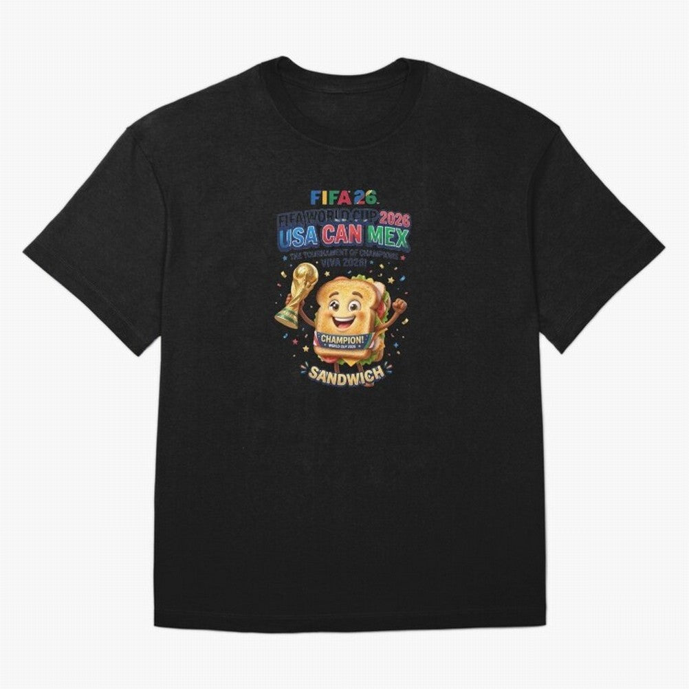 Cartoon Sandwich Champion Holding 2026 World Cup Trophy Classic T-Shirt Stand Out with Spirit from Global Football Passion for FIFA World Cup 2026, Inspired by Haaland, Brazil, Match Day Excitement, Supporter Culture, Golden Goals and Global
