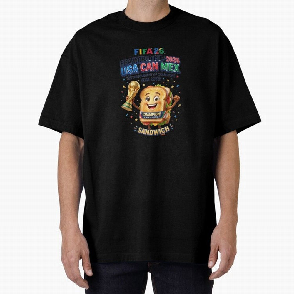 Cartoon Sandwich Champion Holding 2026 World Cup Trophy Classic T-Shirt Stand Out with Spirit from Global Football Passion for FIFA World Cup 2026, Inspired by Haaland, Brazil, Match Day Excitement, Supporter Culture, Golden Goals and Global