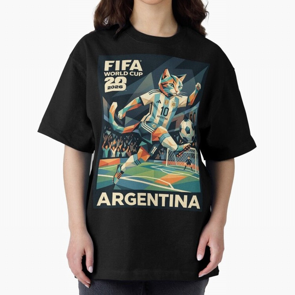 Argentina Cat World Cup 2026 ¨C Geometric Football Art Classic T-Shirt Feel the Trophy Chase of the FIFA World Cup 2026 USA Canada Mexico Journey through Cristiano Ronaldo Highlights, England, France and Netherlands Pride, Match Day Excitement,