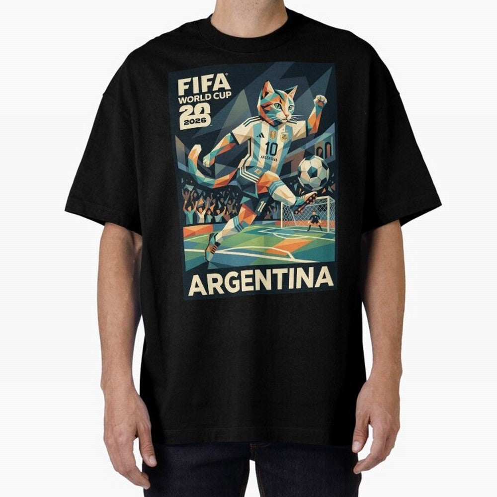 Argentina Cat World Cup 2026 ¨C Geometric Football Art Classic T-Shirt Feel the Trophy Chase of the FIFA World Cup 2026 USA Canada Mexico Journey through Cristiano Ronaldo Highlights, England, France and Netherlands Pride, Match Day Excitement,