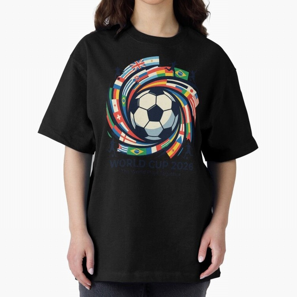 2D World Cup 2026 Football Spiral Flag Design T-Shirt Oversized T-Shirt Create FIFA World Cup 2026 USA Canada Mexico for Fans of Cristiano Ronaldo, Haaland and CR7 and Argentina, Bringing Match Day Excitement, Supporter Culture, Golden Goals and