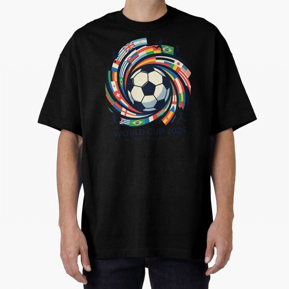 2D World Cup 2026 Football Spiral Flag Design T-Shirt Oversized T-Shirt Create FIFA World Cup 2026 USA Canada Mexico for Fans of Cristiano Ronaldo, Haaland and CR7 and Argentina, Bringing Match Day Excitement, Supporter Culture, Golden Goals and