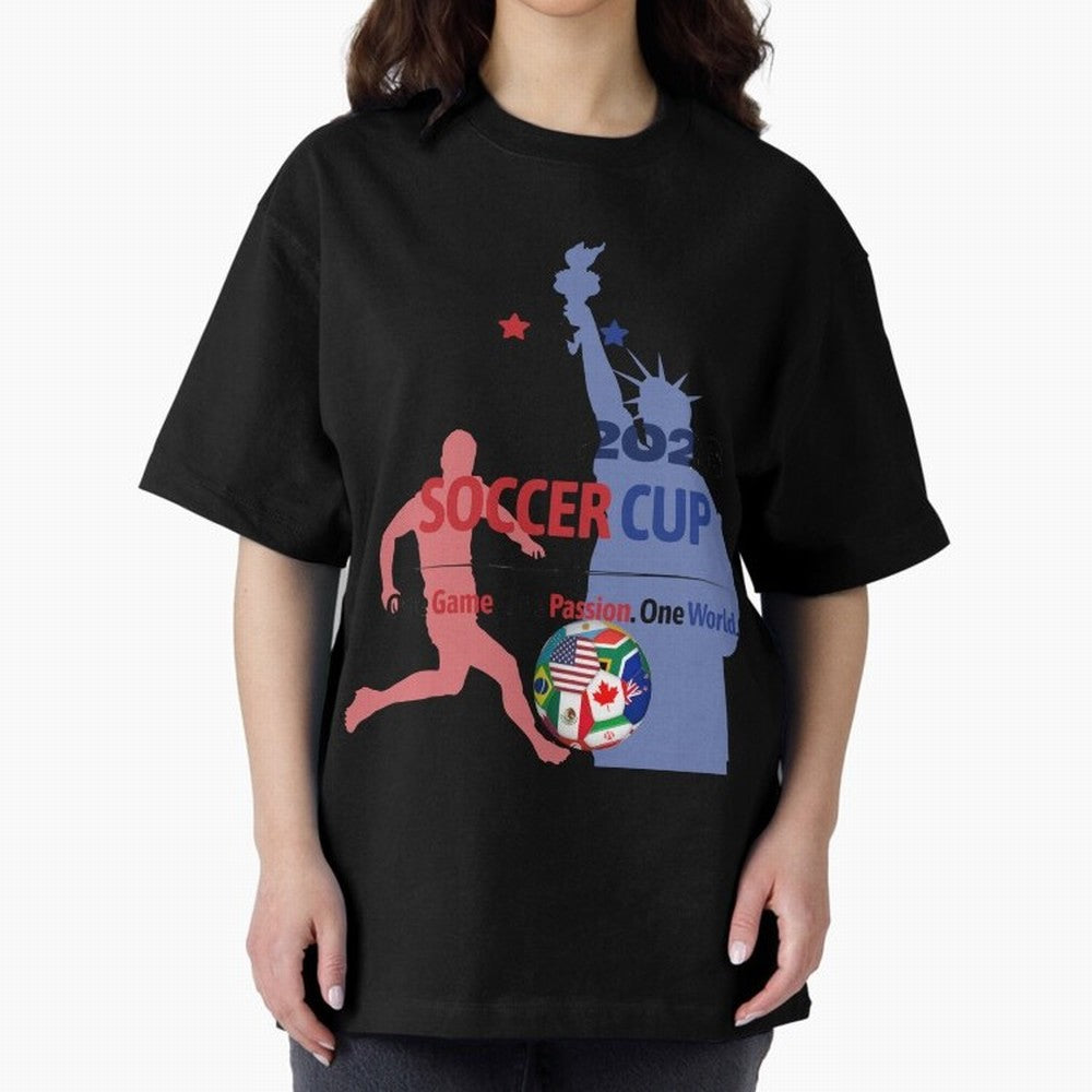2026 Soccer Cup One Game One Passion One World Sports Fan Design Oversized T-Shirt Represent Global Football Passion for FIFA World Cup 2026, Capturing Messi and Cristiano Ronaldo, Netherlands, Worldwide Fan Energy, Dramatic Goals, Stadium Lights