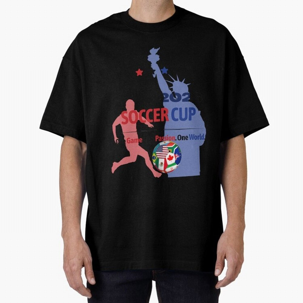 2026 Soccer Cup One Game One Passion One World Sports Fan Design Oversized T-Shirt Represent Global Football Passion for FIFA World Cup 2026, Capturing Messi and Cristiano Ronaldo, Netherlands, Worldwide Fan Energy, Dramatic Goals, Stadium Lights