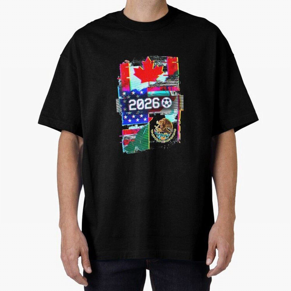 Glitched United 2026 - North America Tournament Emblem Oversized T-Shirt Get Ready for the FIFA World Cup 2026 USA Canada Mexico Journey through Haaland and Mbappe Highlights, France and Portugal Pride, Classic Soccer Heritage, Championship