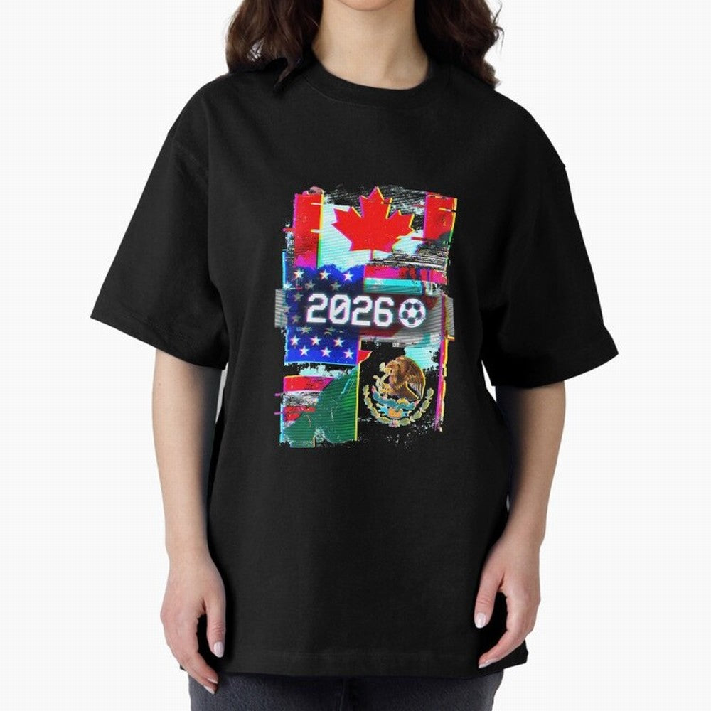 Glitched United 2026 - North America Tournament Emblem Oversized T-Shirt Get Ready for the FIFA World Cup 2026 USA Canada Mexico Journey through Haaland and Mbappe Highlights, France and Portugal Pride, Classic Soccer Heritage, Championship