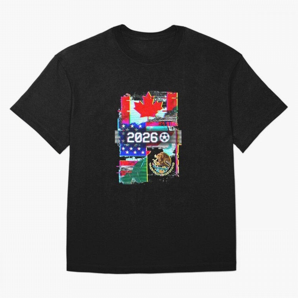 Glitched United 2026 - North America Tournament Emblem Oversized T-Shirt Get Ready for the FIFA World Cup 2026 USA Canada Mexico Journey through Haaland and Mbappe Highlights, France and Portugal Pride, Classic Soccer Heritage, Championship