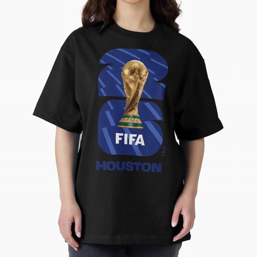 World Cup26 Houston Trophy Oversized T-Shirt Bring Home Global Football Passion for FIFA World Cup 2026 USA Canada Mexico, Capturing Messi and Cristiano Ronaldo, Argentina and Brazil, Global Supporter Spirit, Legendary Goals, National Colors and