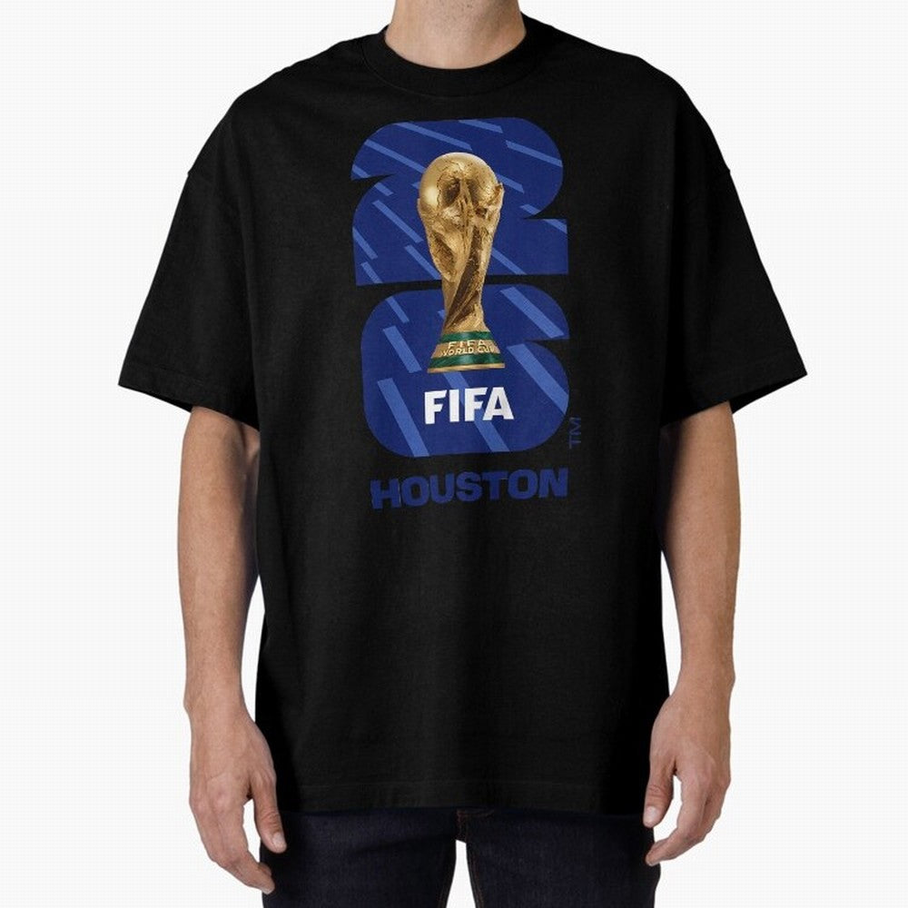 World Cup26 Houston Trophy Oversized T-Shirt Bring Home Global Football Passion for FIFA World Cup 2026 USA Canada Mexico, Capturing Messi and Cristiano Ronaldo, Argentina and Brazil, Global Supporter Spirit, Legendary Goals, National Colors and