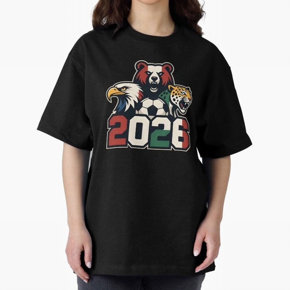 World Cup 2026 USA Canada Mexico Host Mascots Oversized T-Shirt Bring Trophy Dreams to Match Day Hype around FIFA World Cup 2026, Haaland, Argentina, Supporter Pride, Iconic Celebrations, Legendary Names and Global Match Day Energy; Great for