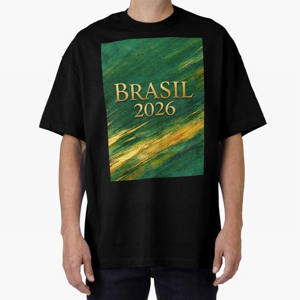 Brasil 2026 Gold Soccer Theme Oversized T-Shirt Upgrade Global Football Passion for FIFA World Cup 2026, Inspired by Haaland and Mbappe, Spain and Netherlands, Match Day Excitement, Supporter Culture, Golden Goals and Global Football Passion; Ideal