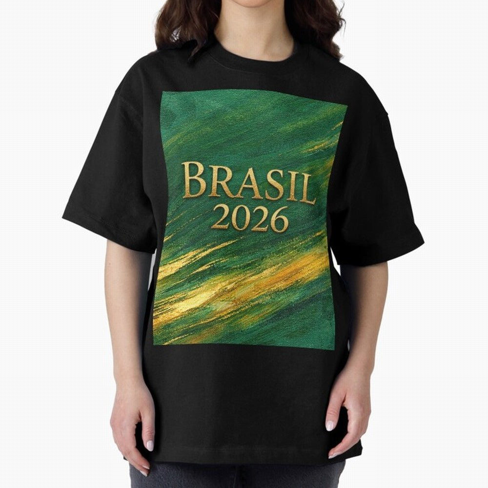 Brasil 2026 Gold Soccer Theme Oversized T-Shirt Upgrade Global Football Passion for FIFA World Cup 2026, Inspired by Haaland and Mbappe, Spain and Netherlands, Match Day Excitement, Supporter Culture, Golden Goals and Global Football Passion; Ideal