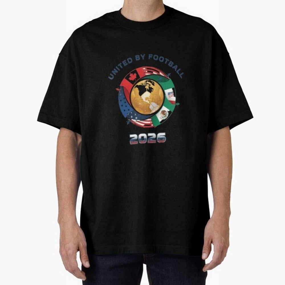 United By Football 2026 Oversized T-Shirt Represent the Passion of Global Football Passion for FIFA World Cup 2026, with Messi, CR7 and Mbappe, Brazil, Vintage Soccer Flavor, Modern Football Stars, National Flags and Final Night Emotion; Ideal for