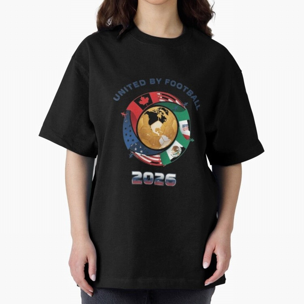 United By Football 2026 Oversized T-Shirt Represent the Passion of Global Football Passion for FIFA World Cup 2026, with Messi, CR7 and Mbappe, Brazil, Vintage Soccer Flavor, Modern Football Stars, National Flags and Final Night Emotion; Ideal for