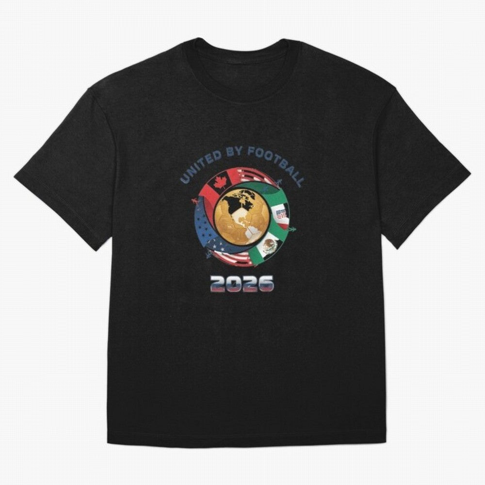 United By Football 2026 Oversized T-Shirt Represent the Passion of Global Football Passion for FIFA World Cup 2026, with Messi, CR7 and Mbappe, Brazil, Vintage Soccer Flavor, Modern Football Stars, National Flags and Final Night Emotion; Ideal for