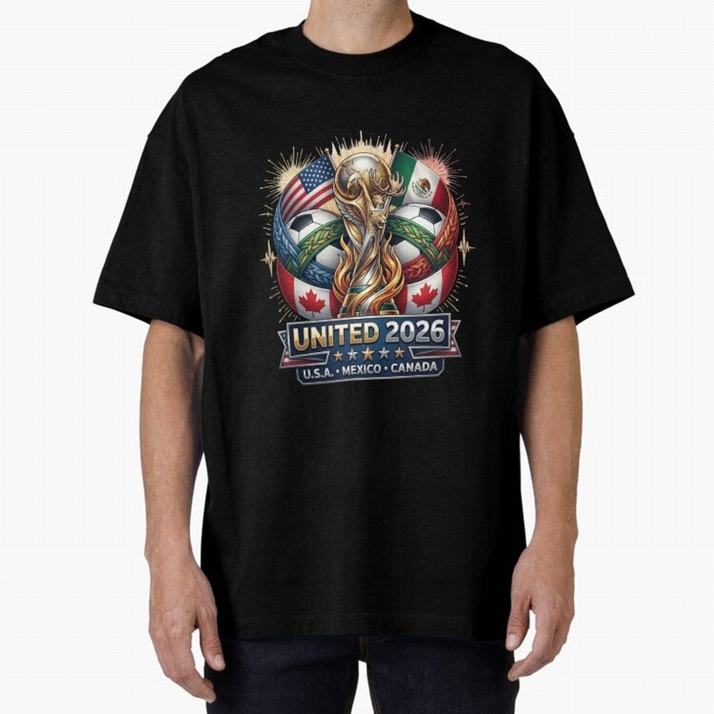 United 2026 Soccer Nations Trophy - USA Mexico Canada Mascot Art Oversized T-Shirt Celebrate the Road through FIFA World Cup 2026 USA Canada Mexico for Fans of Messi and Cristiano Ronaldo and Germany, Bringing Match Day Excitement, Supporter