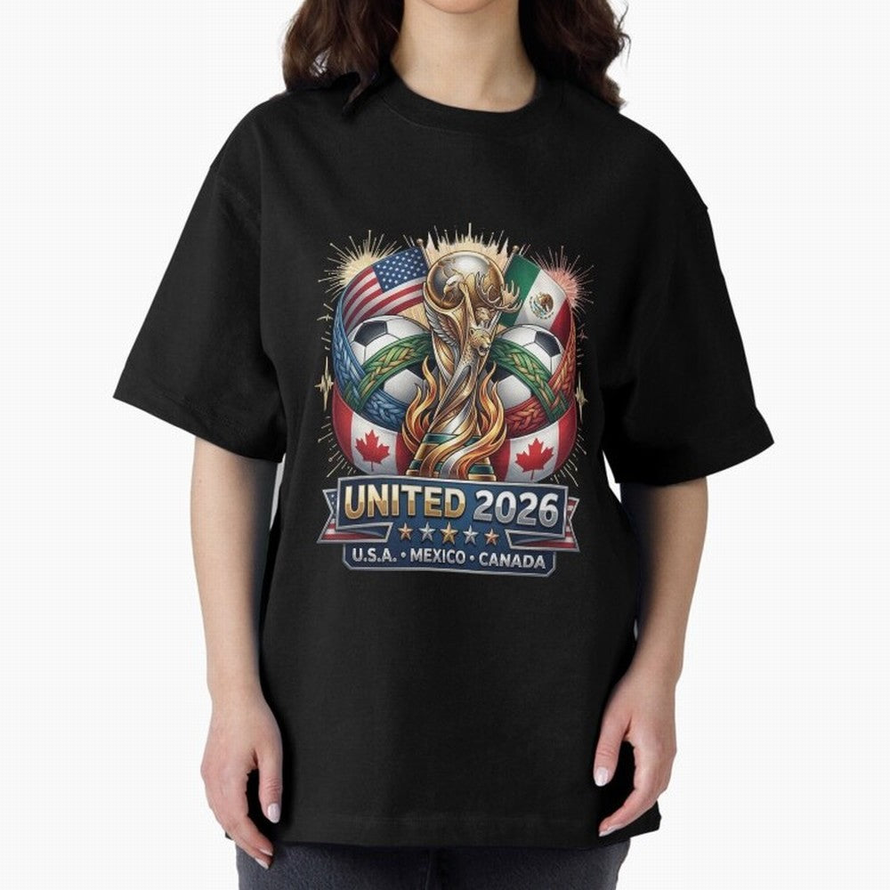United 2026 Soccer Nations Trophy - USA Mexico Canada Mascot Art Oversized T-Shirt Celebrate the Road through FIFA World Cup 2026 USA Canada Mexico for Fans of Messi and Cristiano Ronaldo and Germany, Bringing Match Day Excitement, Supporter