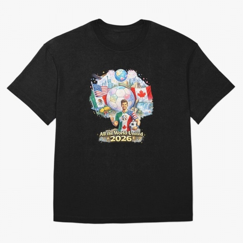 All The World United 2026 Football Design Oversized T-Shirt Treasure Match Day Hype around FIFA World Cup 2026 USA Canada Mexico, Neymar, Haaland and Cristiano Ronaldo, Spain and Netherlands, Football Festival Excitement, Trophy Ambitions, Country