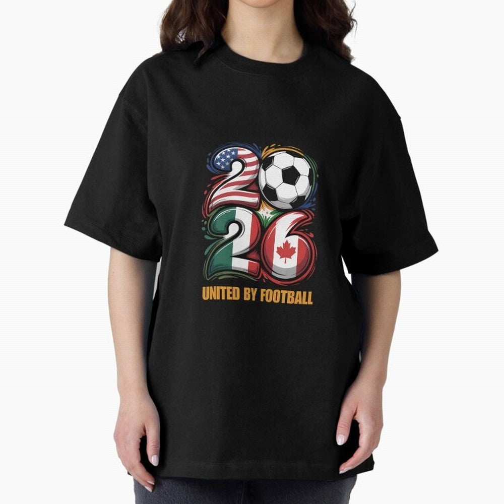United By Football Soccer Fan Gear 2026 Oversized T-Shirt Honor the Beautiful Game during Global Football Passion for FIFA World Cup 2026 Group Stage, Built around CR7, Portugal, Spain and Germany, Championship Spirit, Famous Goals, Roaring Crowds