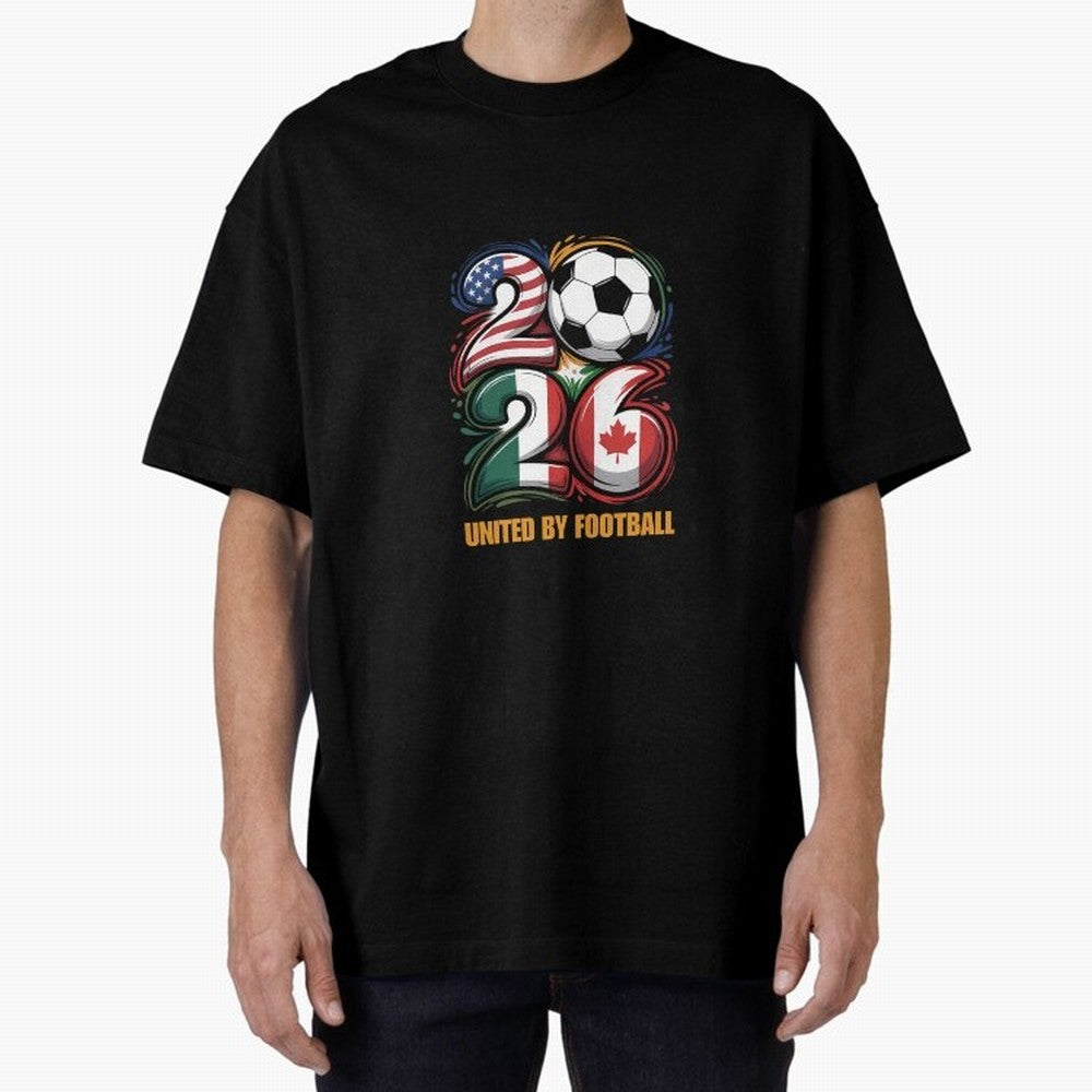 United By Football Soccer Fan Gear 2026 Oversized T-Shirt Honor the Beautiful Game during Global Football Passion for FIFA World Cup 2026 Group Stage, Built around CR7, Portugal, Spain and Germany, Championship Spirit, Famous Goals, Roaring Crowds
