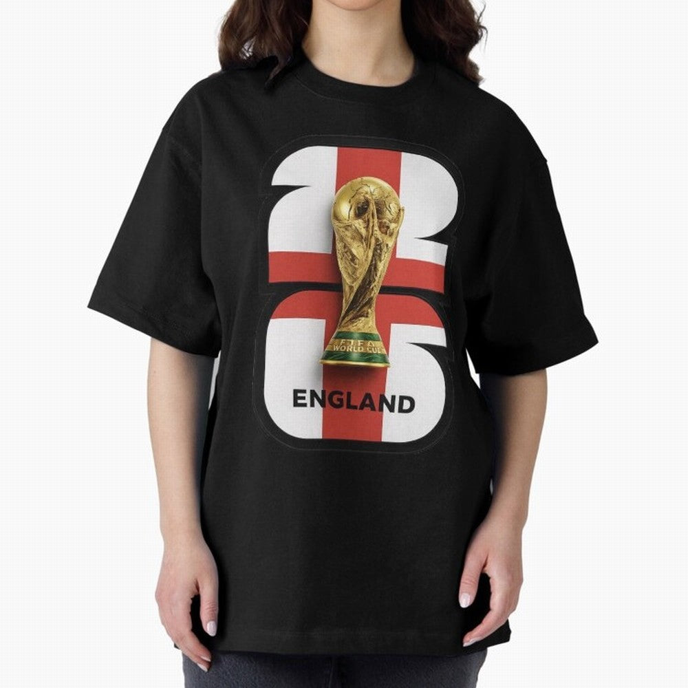 England Football World Cup 2026 - Three Lions Gold Trophy Edition Oversized T-Shirt Spotlight FIFA World Cup 2026 USA Canada Mexico Spirit, Made for Argentina and Brazil, Neymar, Worldwide Fan Energy, Dramatic Goals, Stadium Lights and Championship