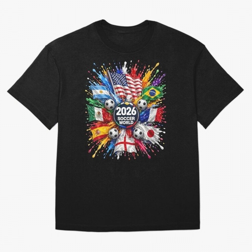 2026 Soccer World Flags USA Mexico Canada Football Paint Splash Graphic Oversized T-Shirt Feel the Heartbeat of the FIFA World Cup 2026 Group Stage Journey through CR7 Highlights, Brazil, Portugal and Argentina Pride, Fan Favorite Moments, National