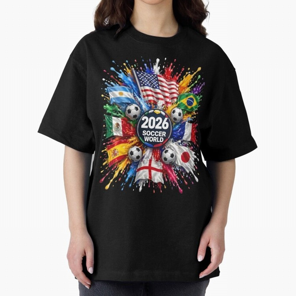 2026 Soccer World Flags USA Mexico Canada Football Paint Splash Graphic Oversized T-Shirt Feel the Heartbeat of the FIFA World Cup 2026 Group Stage Journey through CR7 Highlights, Brazil, Portugal and Argentina Pride, Fan Favorite Moments, National
