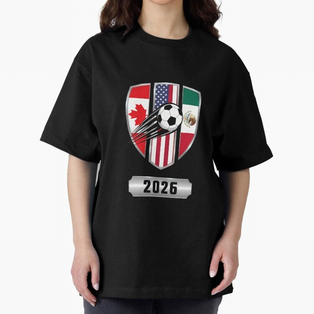 North United America Shield 2026 Cup Oversized T-Shirt Feel International Energy from FIFA World Cup 2026 USA Canada Mexico Spirit, Centered on Netherlands, Haaland and Mbappe, Championship Spirit, Famous Goals, Roaring Crowds and International